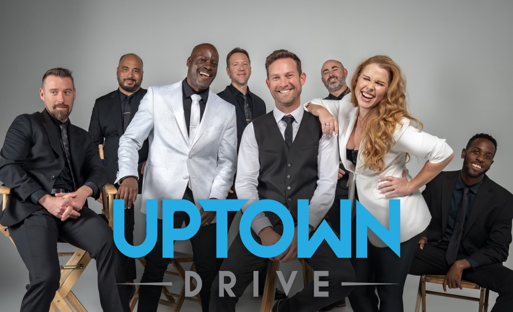 Austin wedding band, Uptown Drive together with Cap City Horns posing for professional photo-op